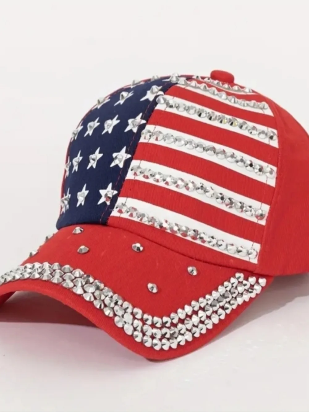 Embellished American Flag Baseball Cap - Red